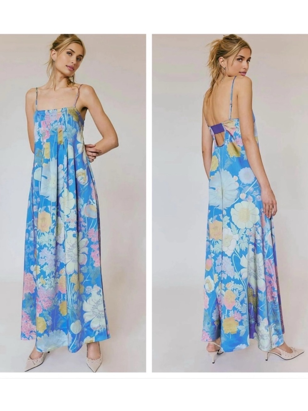 Free People Botanical Floral Maxi Dress Blue- size Large
